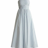 Blue and white striped strapless maxi dress by By Together, flowing fabric with a fitted bodice and full-length skirt.