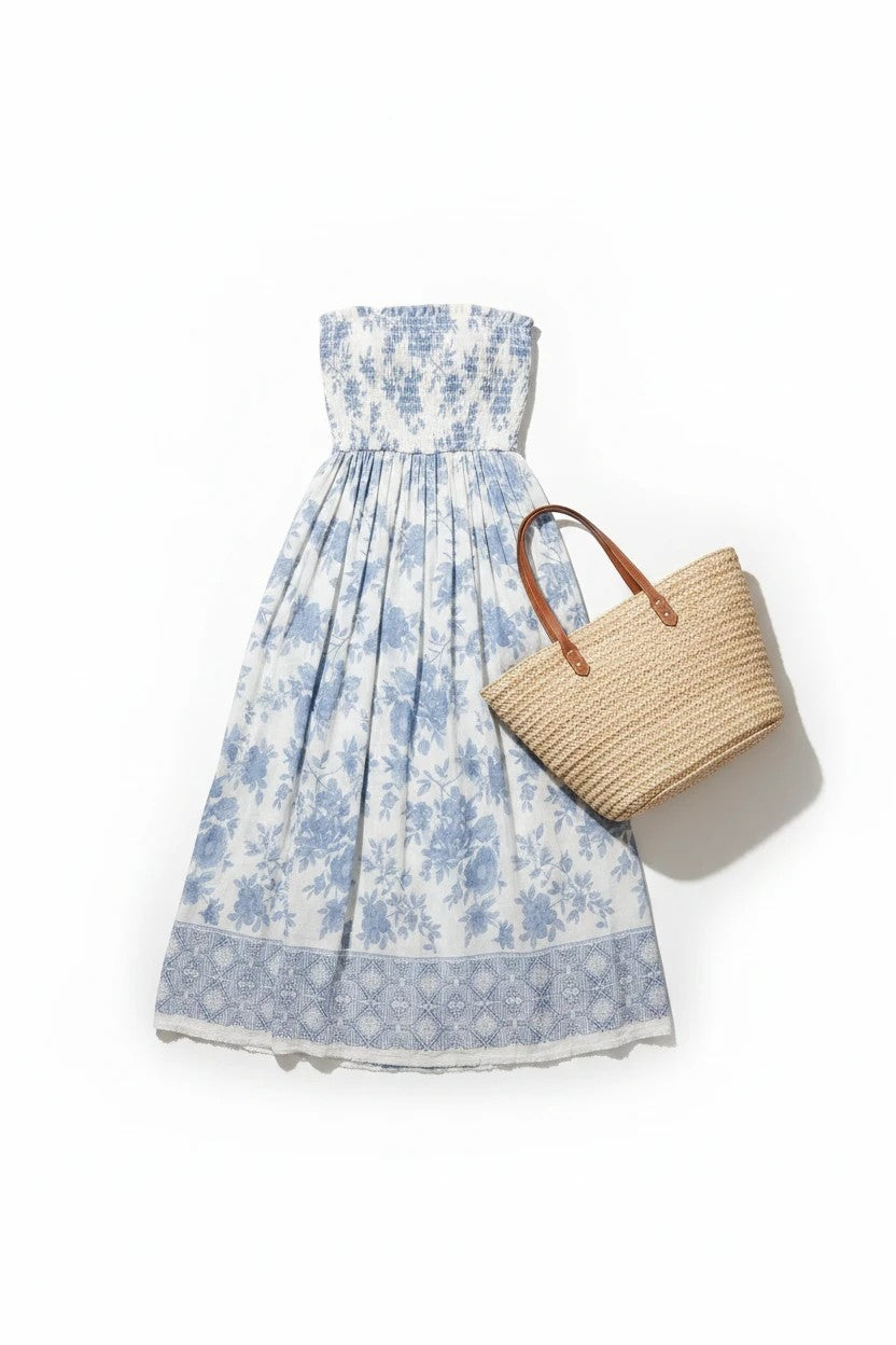 Floral smocked strapless midi dress by By Together, featuring a cotton-rayon fabric with a fitted bodice and flowing skirt.