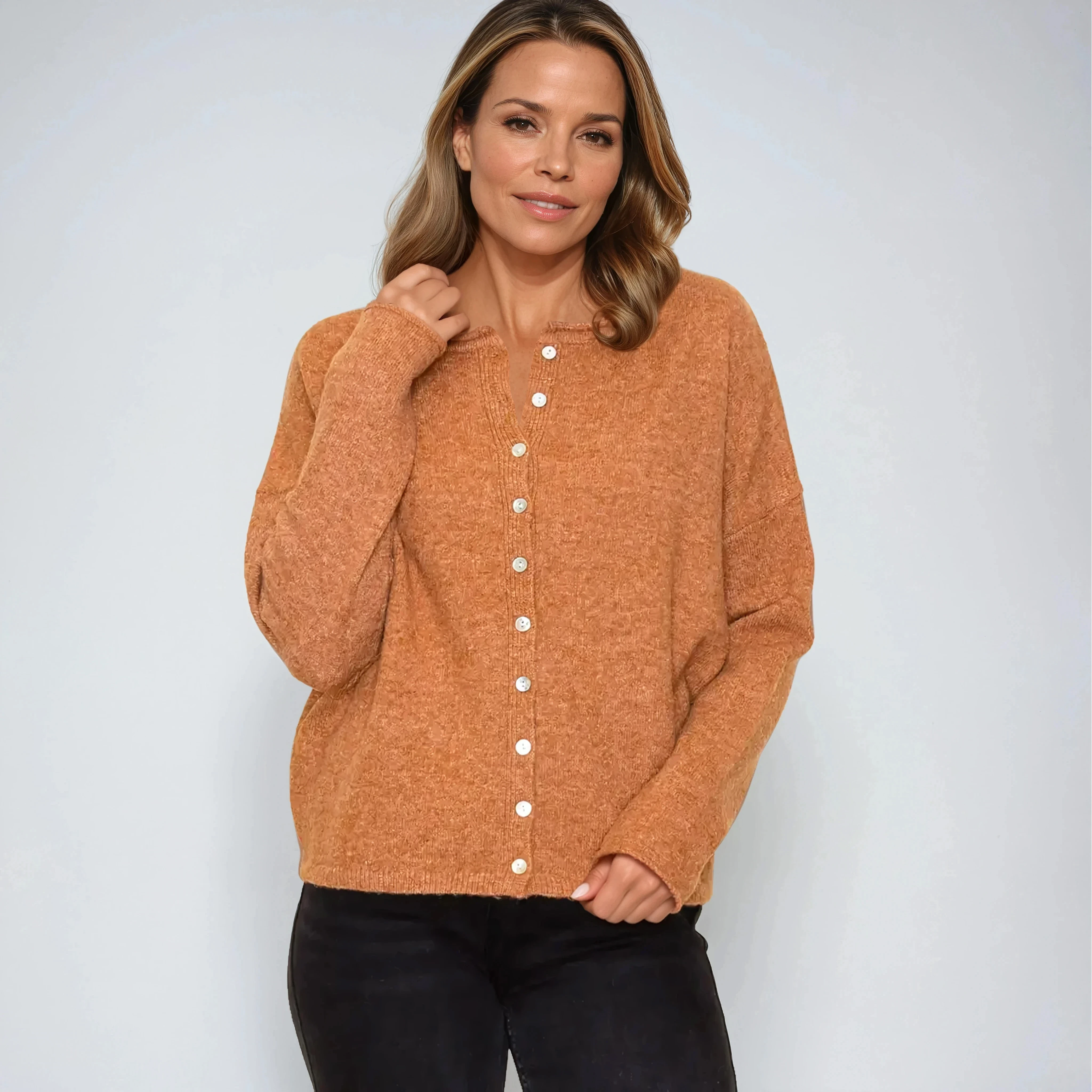Crew Neck Button Down Cardigan Camel