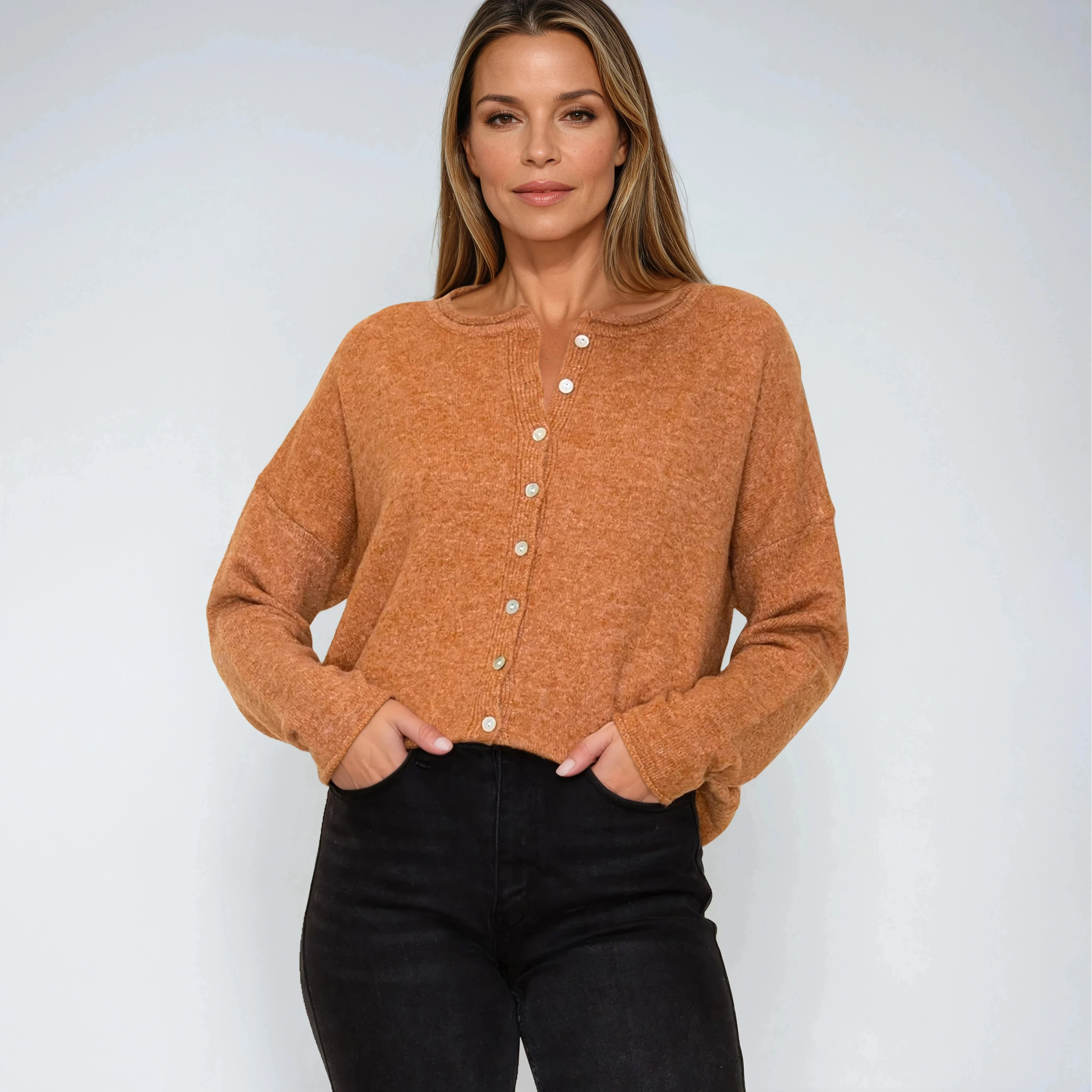 Crew Neck Button Down Cardigan Camel
