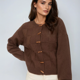Checkered Button Detail Cardigan Brown