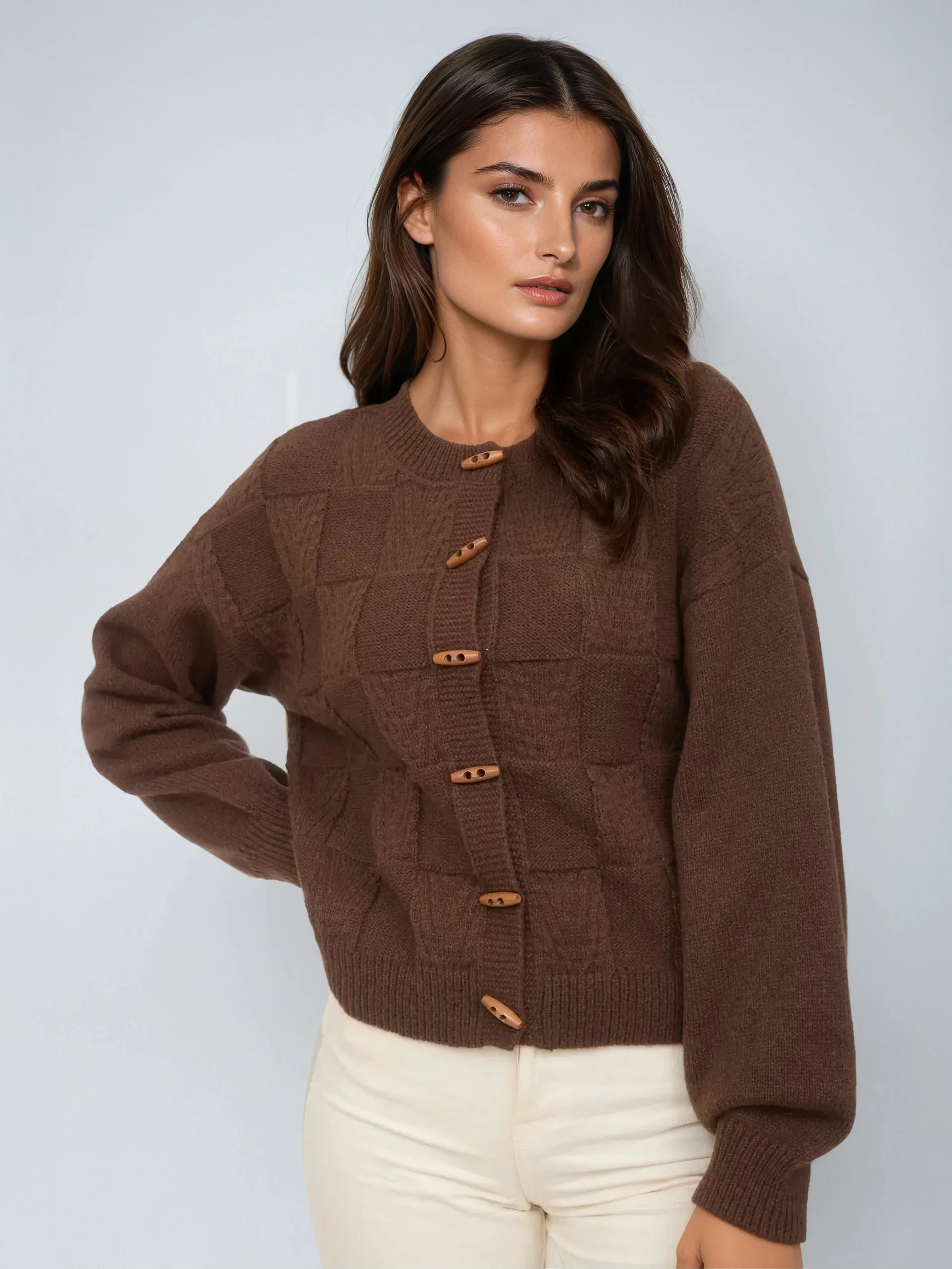 Checkered Button Detail Cardigan Brown