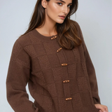 Checkered Button Detail Cardigan Brown