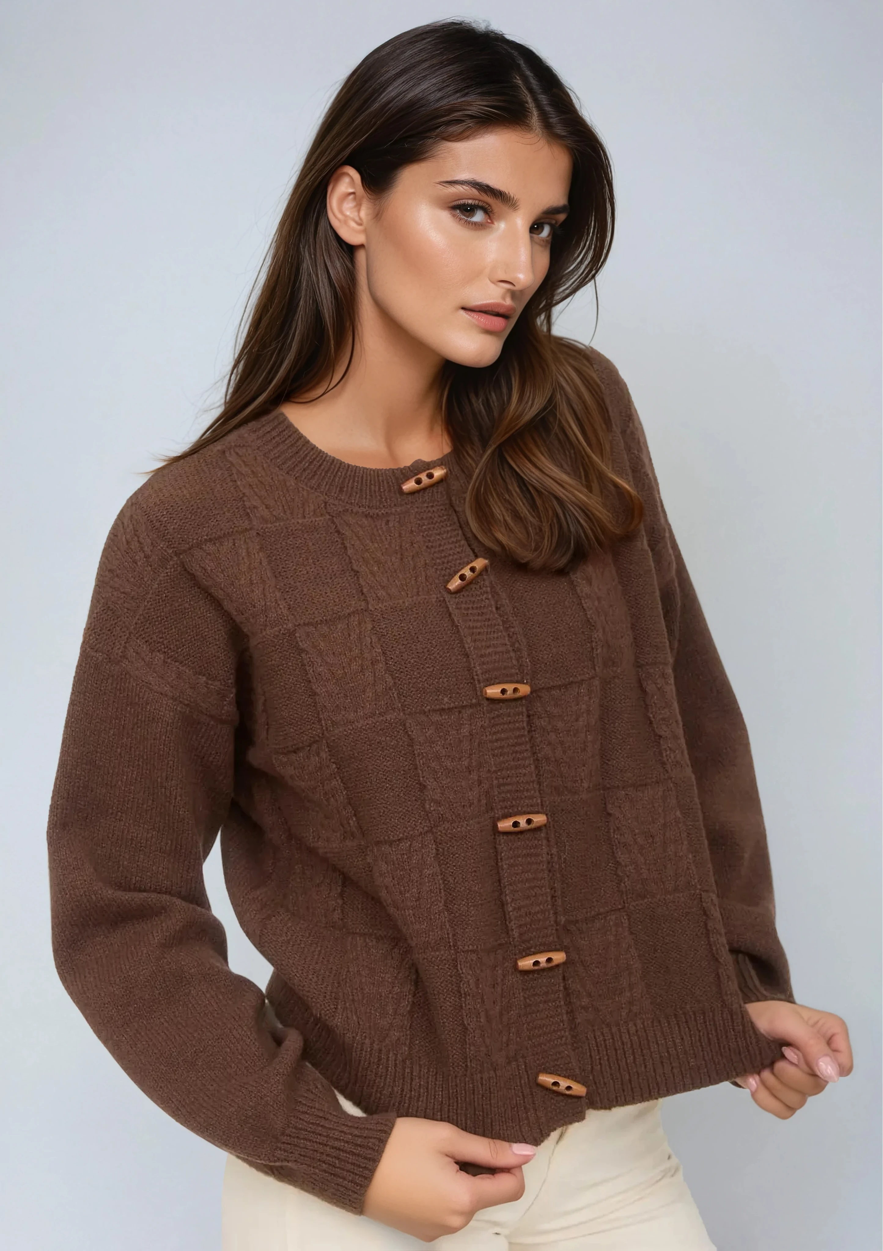Checkered Button Detail Cardigan Brown