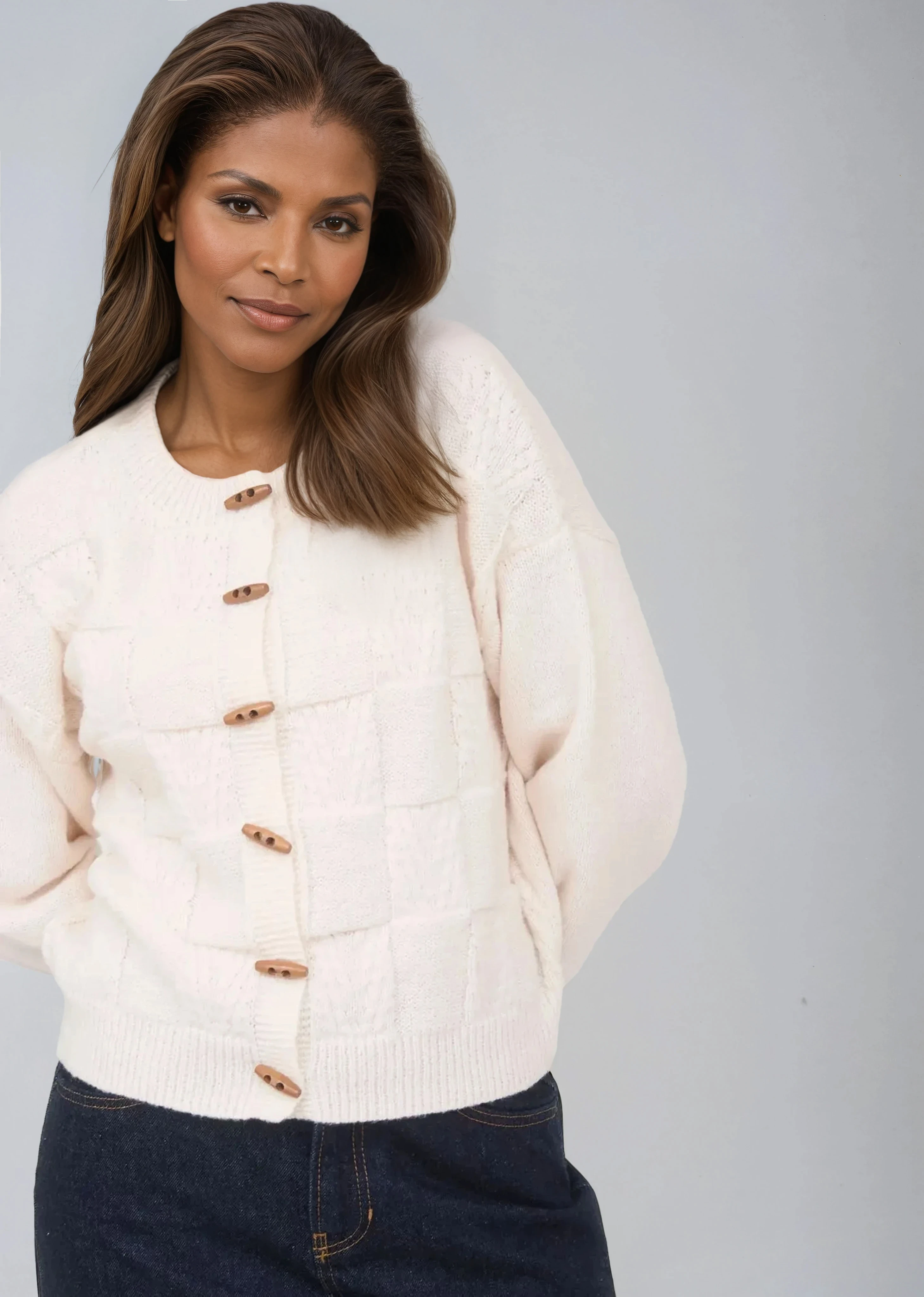 Checkered Button Detail Cardigan Oatmeal