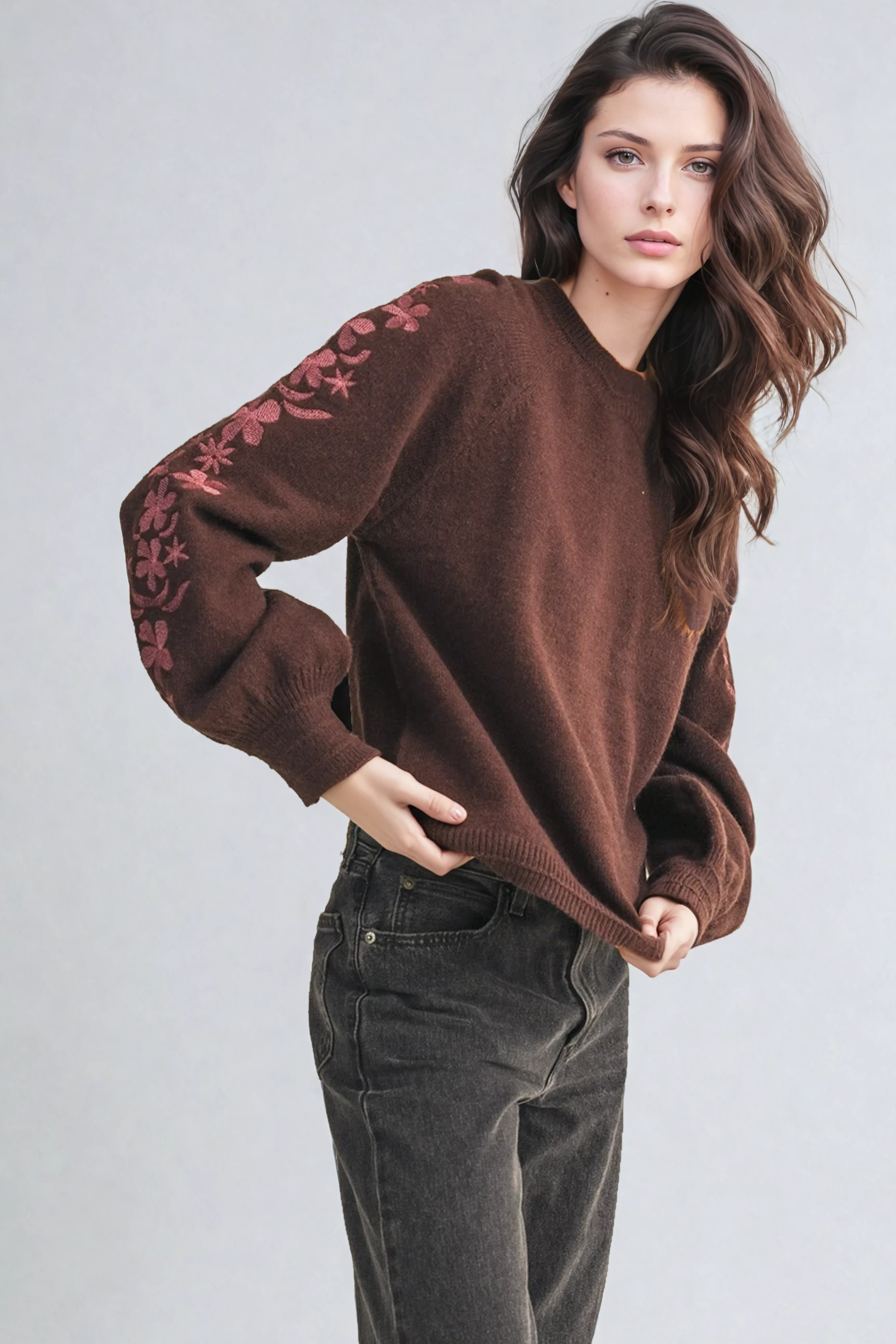 Pullover Embroidered Sleeve Sweater