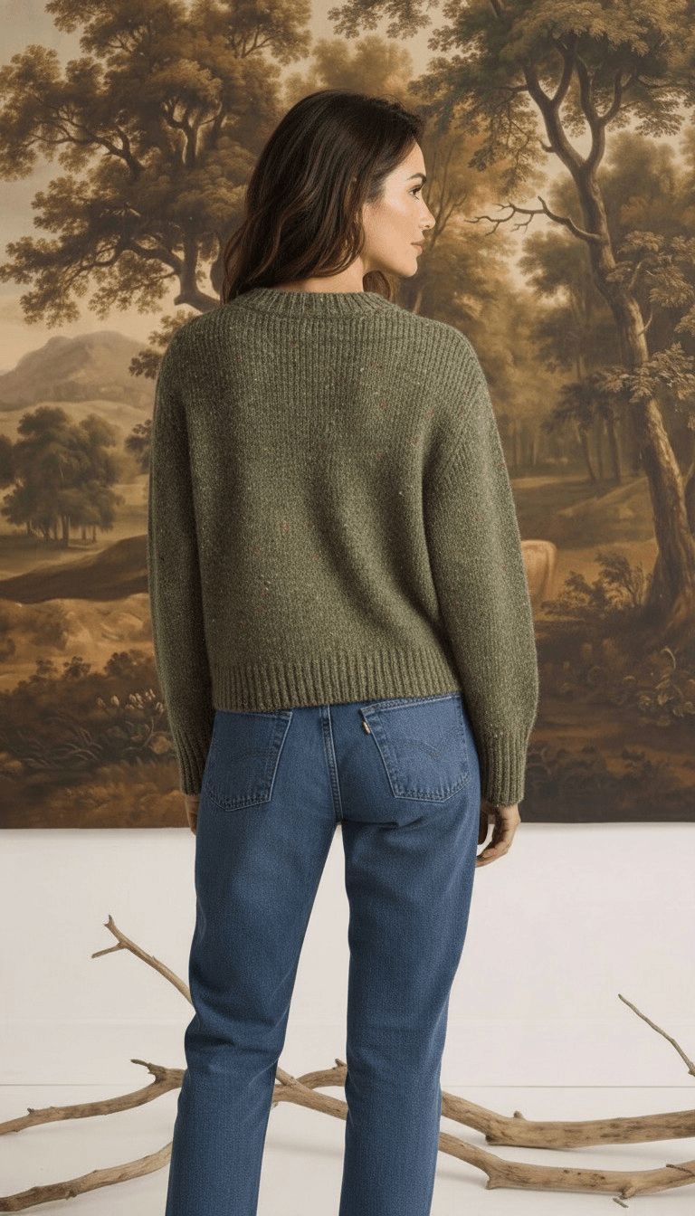 A woman wearing a graced chunky olive green crewneck sweater with a textured knit, paired with blue denim jeans.