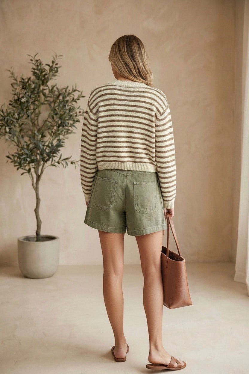 Mocha chunky knit striped cardigan by Miou Muse, featuring a cozy, oversized sweater with bold stripe patterns.