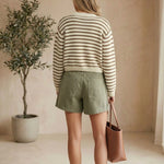 Mocha chunky knit striped cardigan by Miou Muse, featuring a cozy, oversized sweater with bold stripe patterns.