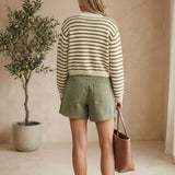 Mocha chunky knit striped cardigan by Miou Muse, featuring a cozy, oversized sweater with bold stripe patterns.