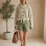 Mocha chunky knit striped cardigan by Miou Muse, featuring a cozy, oversized sweater with bold stripe pattern and textured knit.