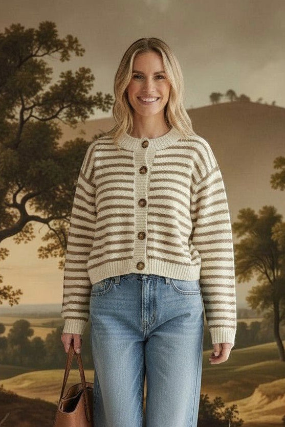 graced chunky knit striped cardigan in mocha and cream paired with light wash jeans and a brown leather tote bag