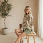 Mocha chunky knit striped cardigan by Miou Muse, cozy sweater with thick knit and stylish striped pattern, front view.