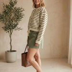 Mocha chunky knit striped cardigan by Miou Muse, featuring a cozy, oversized sweater with bold stripe patterns and textured knit fabric.