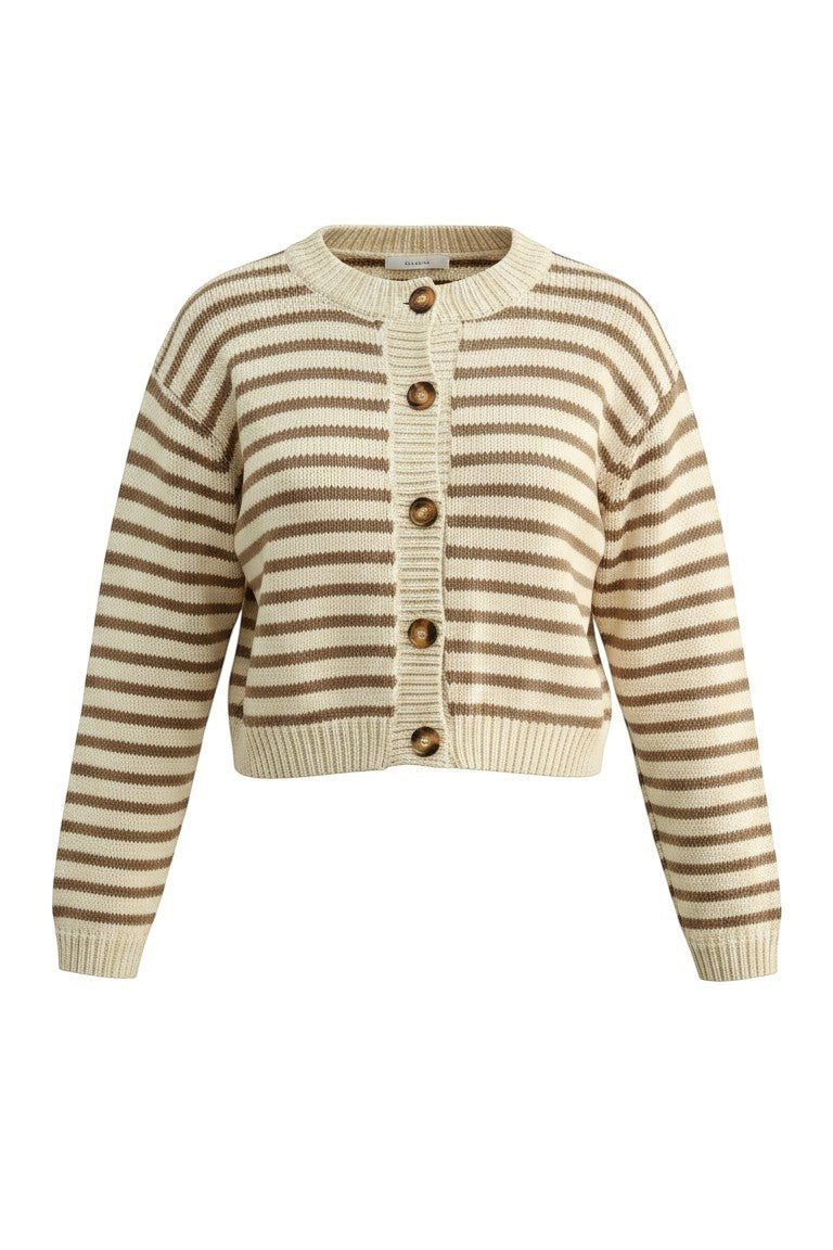 Mocha striped chunky knit cardigan by Miou Muse, featuring thick knit texture and relaxed fit, perfect for cozy layered looks.