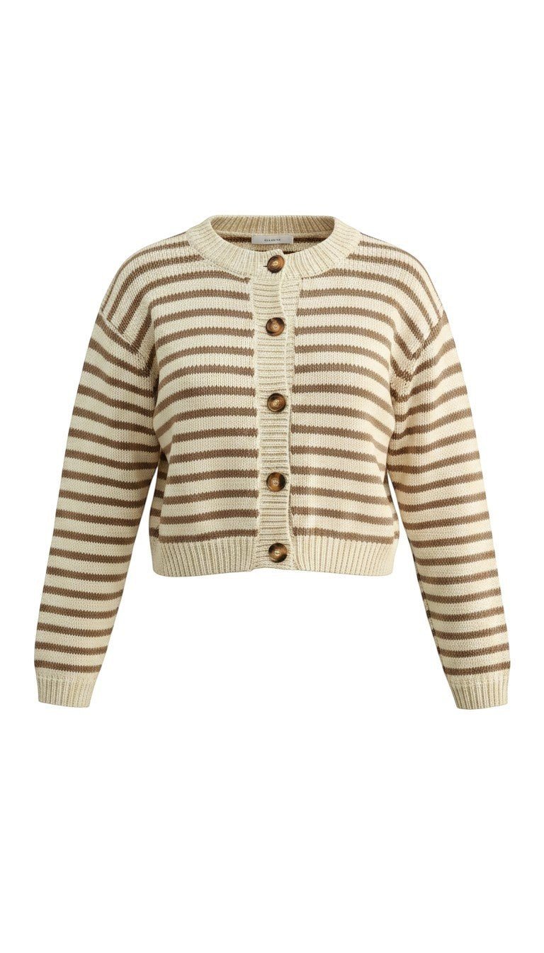 Mocha striped chunky knit cardigan by Miou Muse, featuring thick knit texture and relaxed fit, perfect for cozy layered looks.