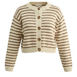 Mocha striped chunky knit cardigan by Miou Muse, featuring thick knit texture and relaxed fit, perfect for cozy layered looks.