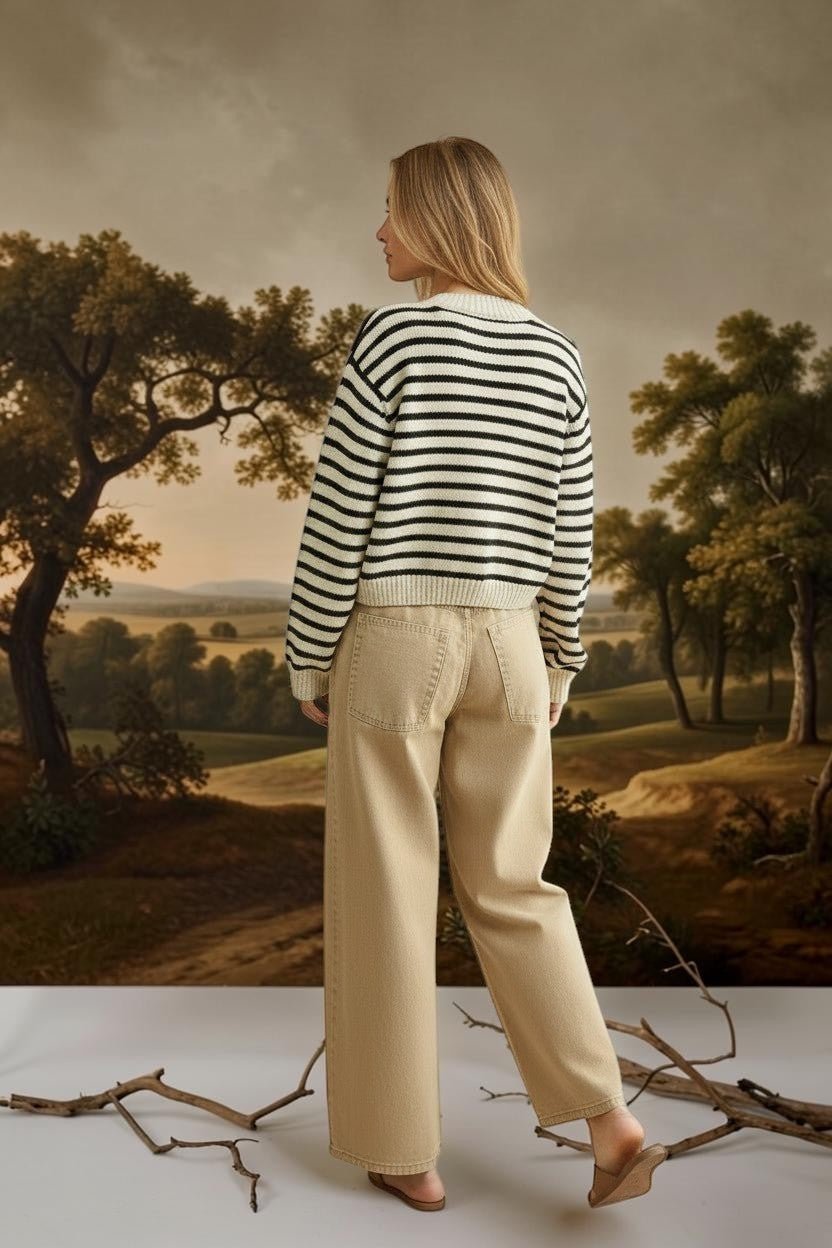 Navy chunky knit striped cardigan by Miou Muse, featuring a cozy, textured sweater with bold horizontal stripes.