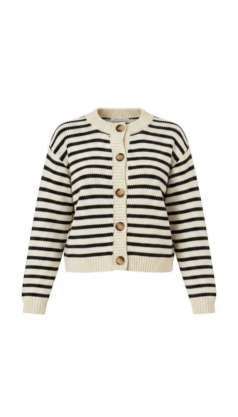 Navy chunky knit striped cardigan by Miou Muse featuring thick knit texture and relaxed fit, perfect for casual layered look.