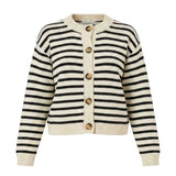 Navy chunky knit striped cardigan by Miou Muse featuring thick knit texture and relaxed fit, perfect for casual layered look.