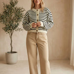 Navy chunky knit striped cardigan by Miou Muse, featuring a cozy, thick sweater with horizontal blue and white stripes.