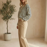 Navy chunky knit striped cardigan from Miou Muse, featuring cozy textured fabric and a relaxed fit, ideal for casual wear.