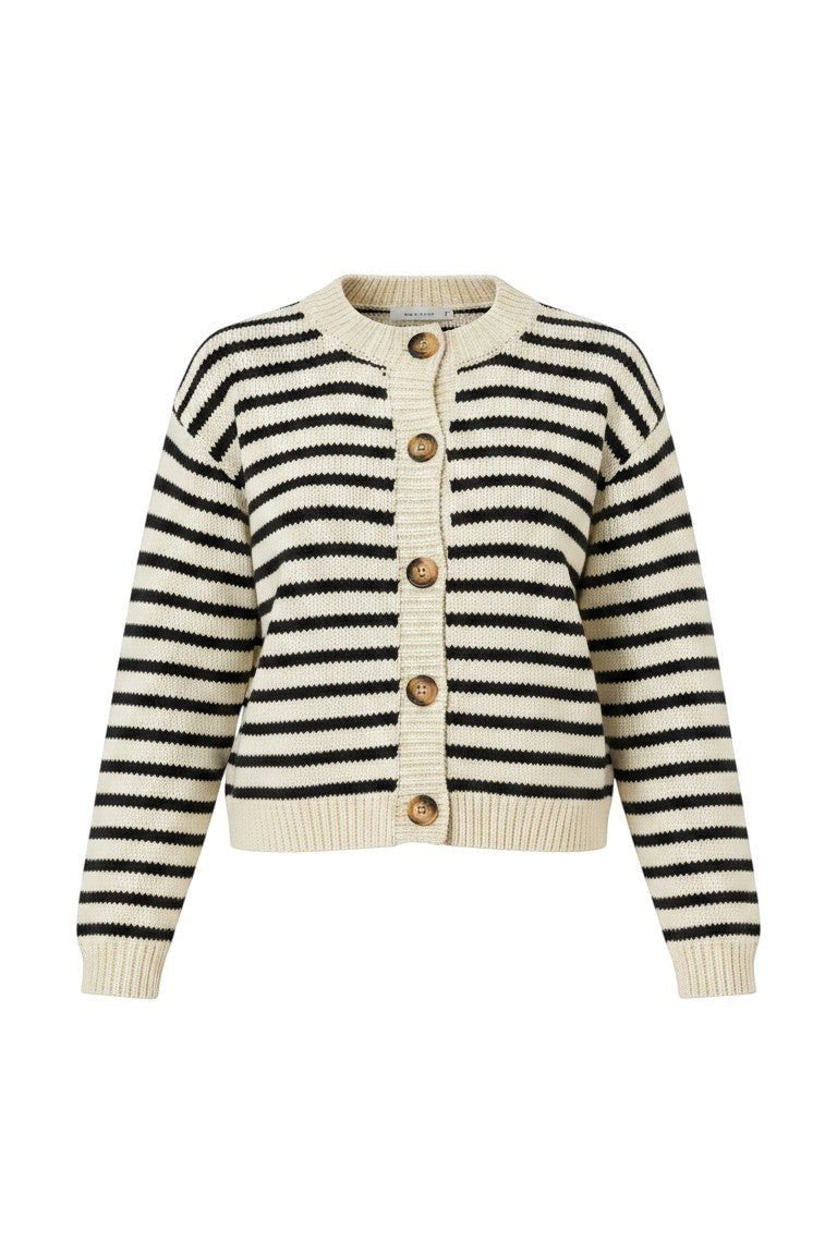 Navy chunky knit striped cardigan by Miou Muse featuring thick knit texture and relaxed fit, perfect for casual layered look.