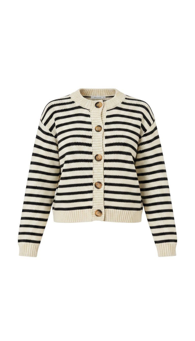 Navy chunky knit striped cardigan by Miou Muse featuring thick knit texture and relaxed fit, perfect for casual layered look.