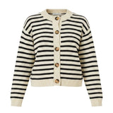 Navy chunky knit striped cardigan by Miou Muse featuring thick knit texture and relaxed fit, perfect for casual layered look.