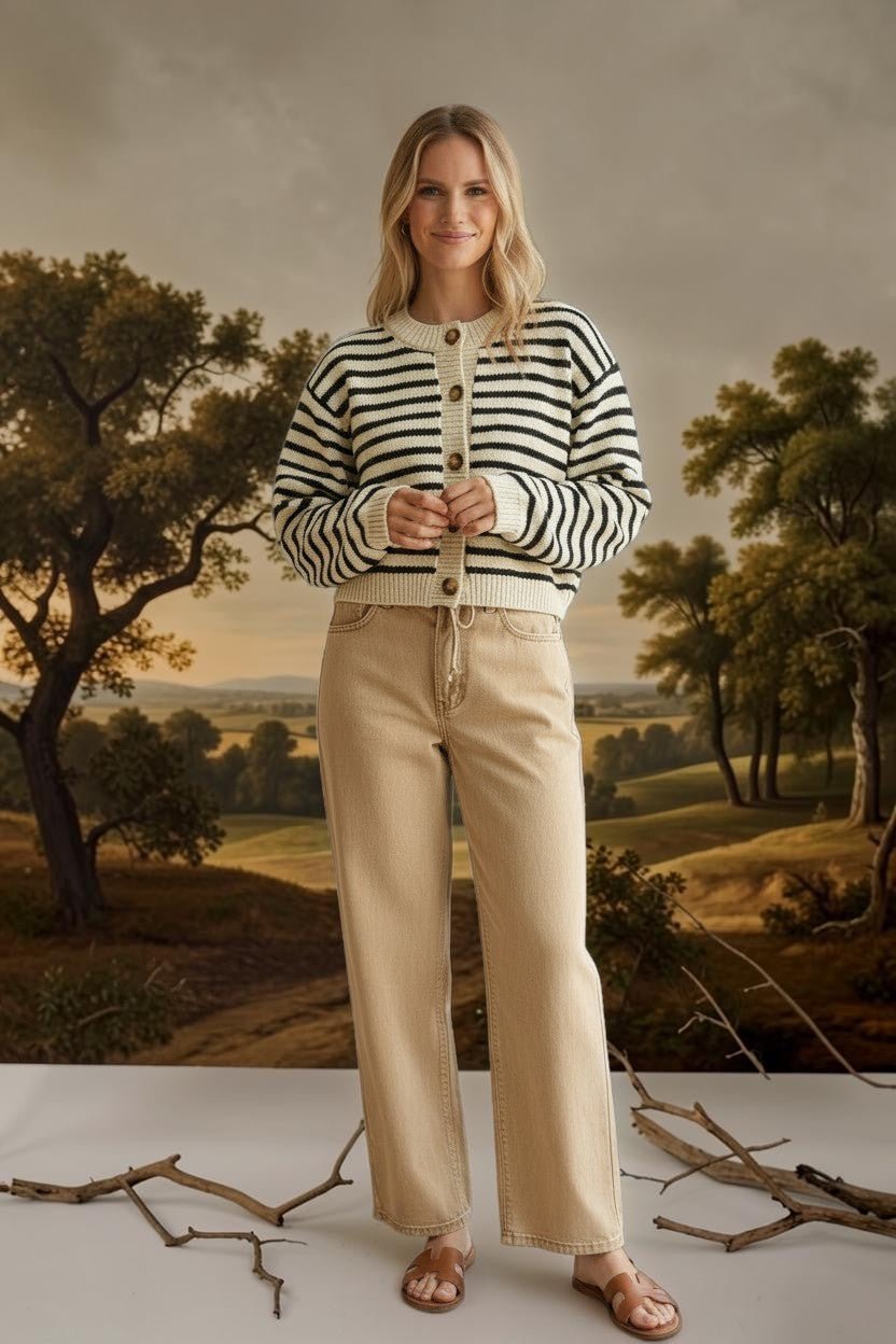 A woman wearing a graced chunky knit navy and cream striped cardigan with buttons, paired with tan trousers.