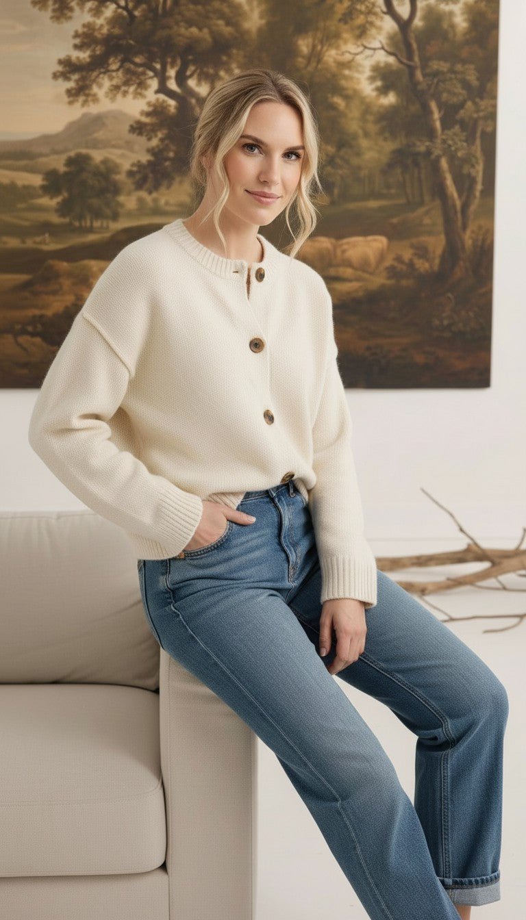 Model wearing a graced cream crew neck cardigan with brown buttons, styled with blue jeans in a cozy indoor setting.