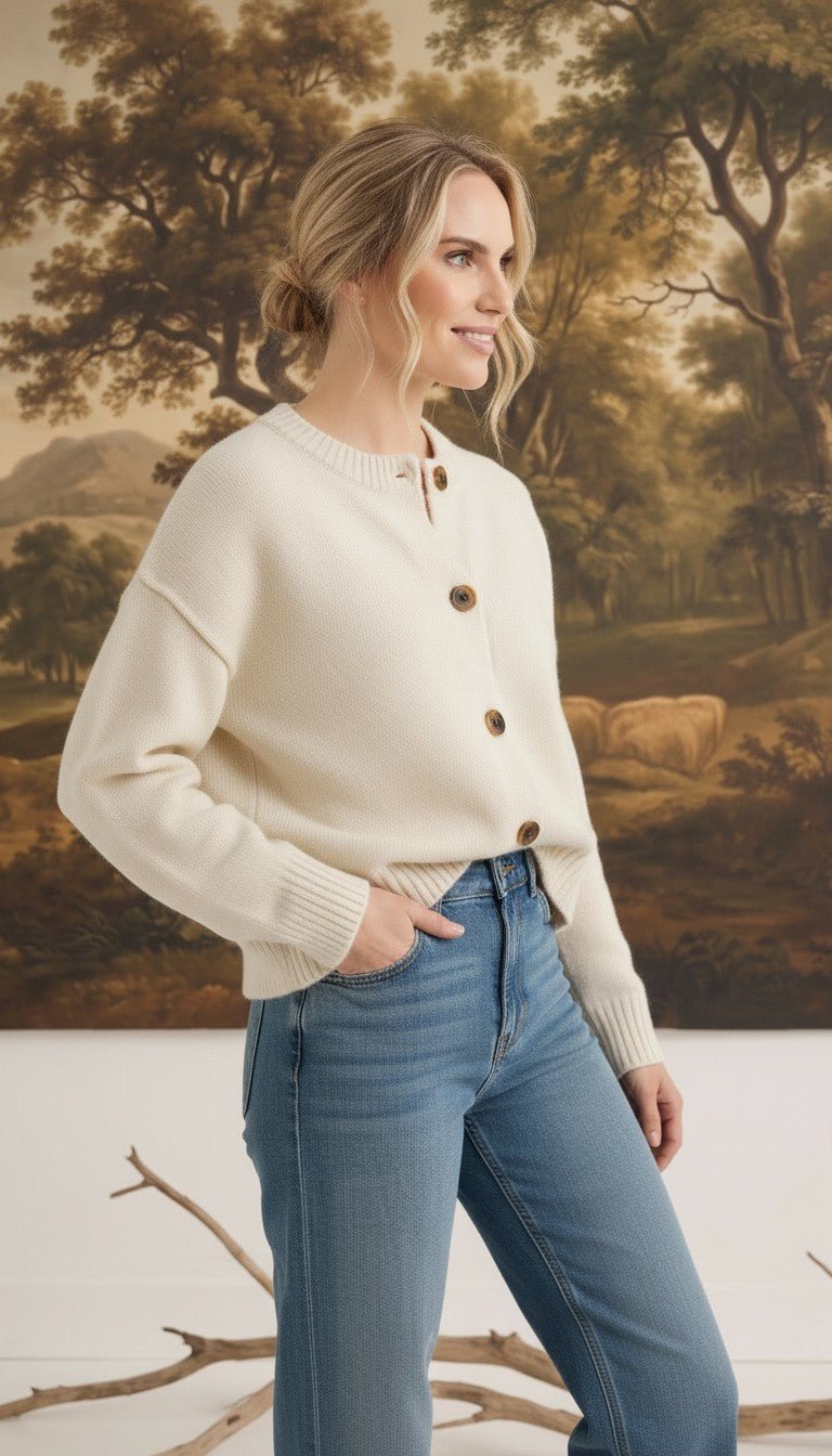 graced cream crew neck cardigan with button front, worn by a woman with blonde hair in a bun with blue jeans