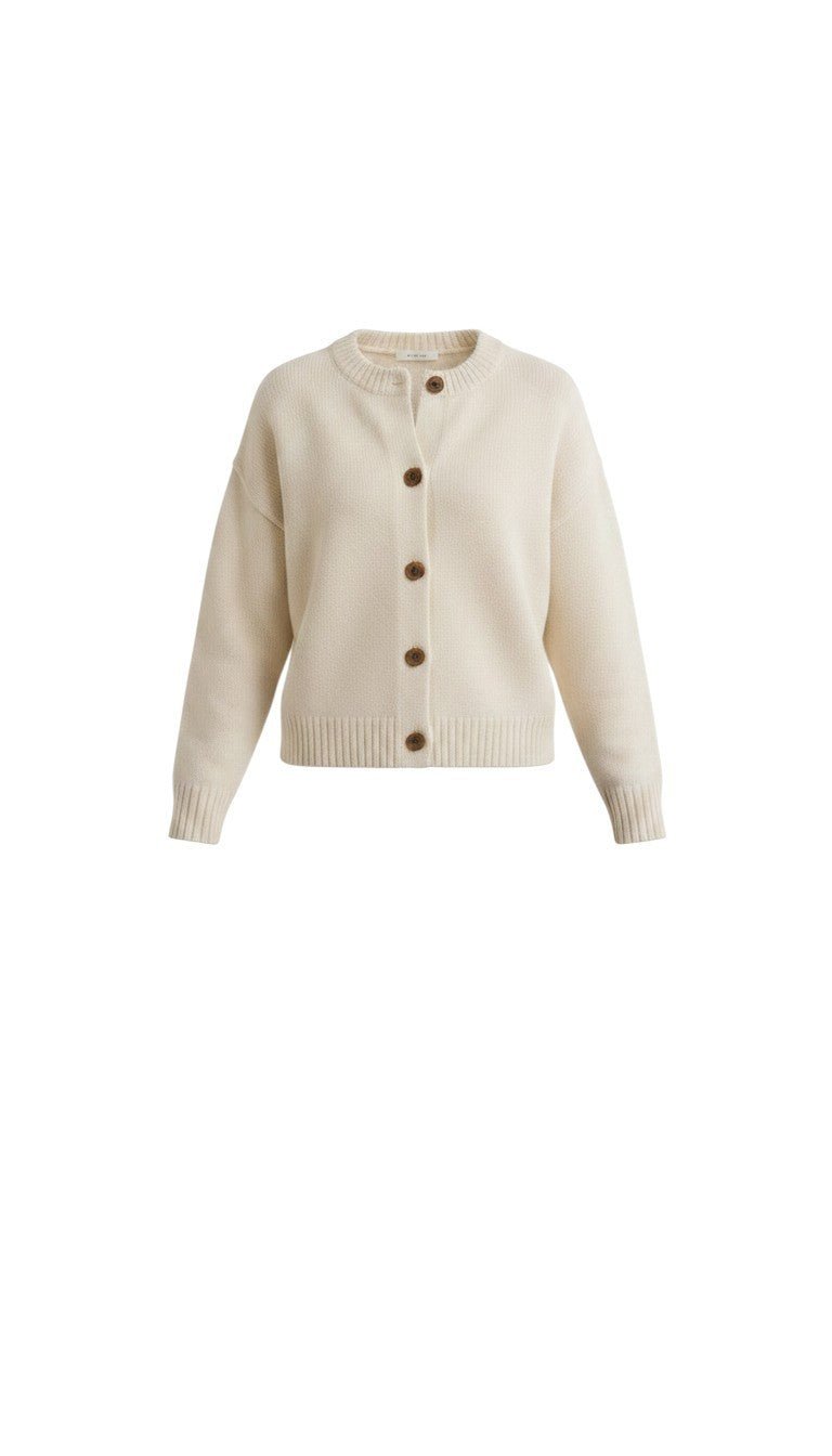graced cream crew neck cardigan with a relaxed fit, ribbed cuffs, and brown button-front closure.