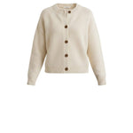 graced cream crew neck cardigan with a relaxed fit, ribbed cuffs, and brown button-front closure.