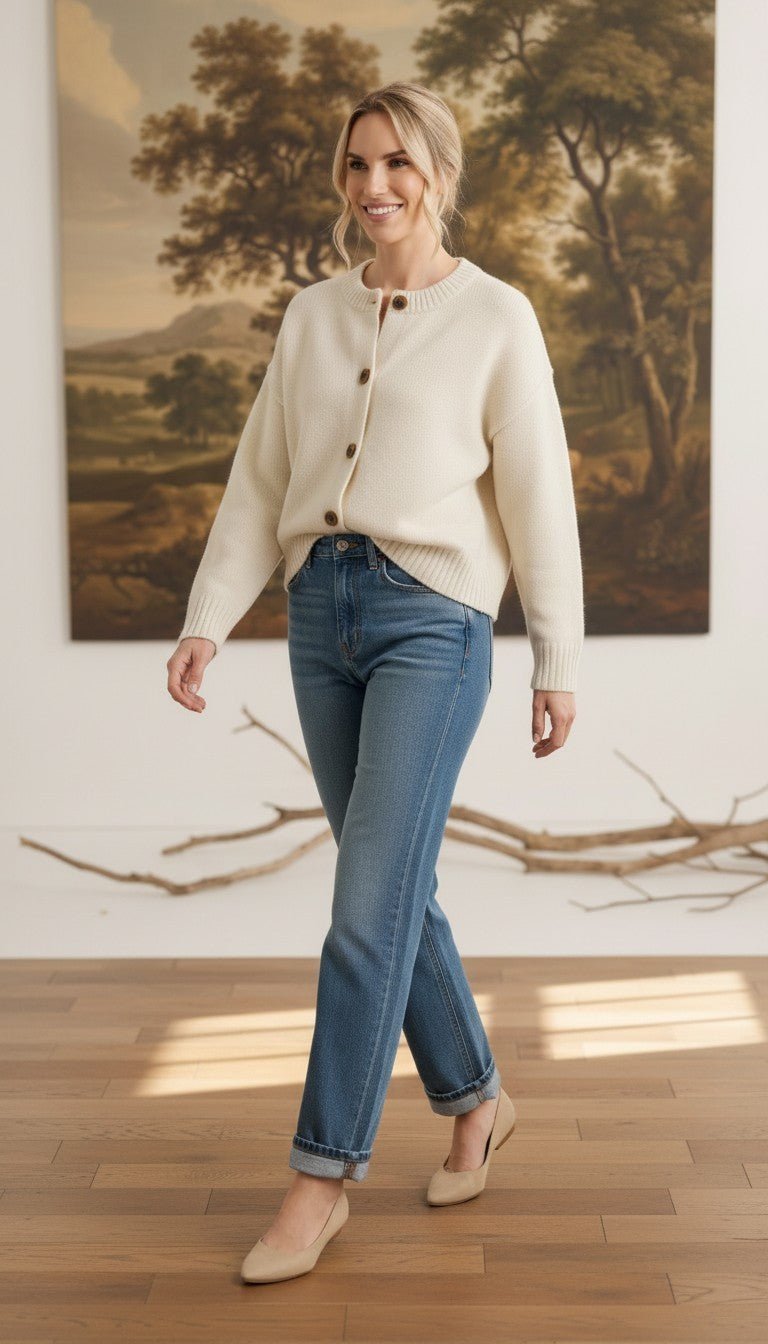 Model wearing a graced cream crew neck cardigan with buttons, paired with blue jeans and beige heels in a studio.