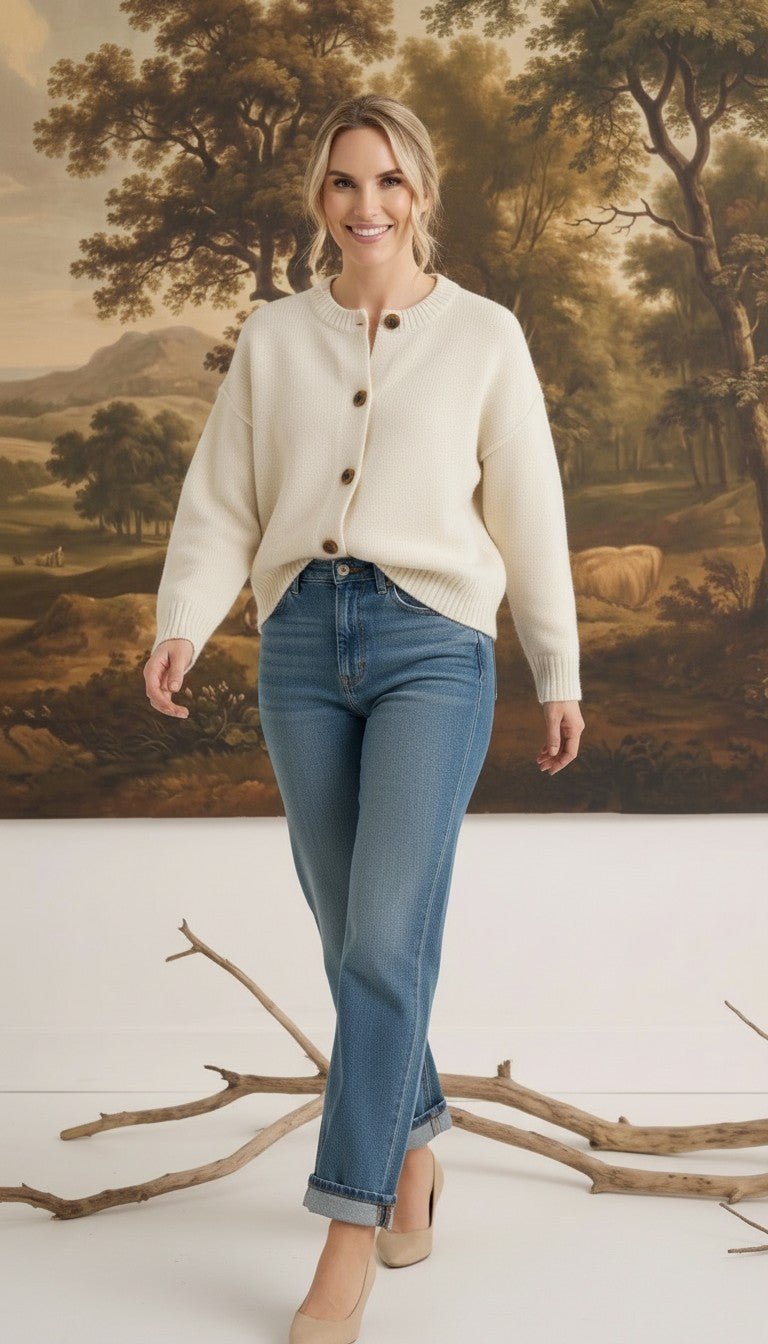 graced cream crew neck cardigan with button front, worn by a blonde model with blue jeans in a studio setting