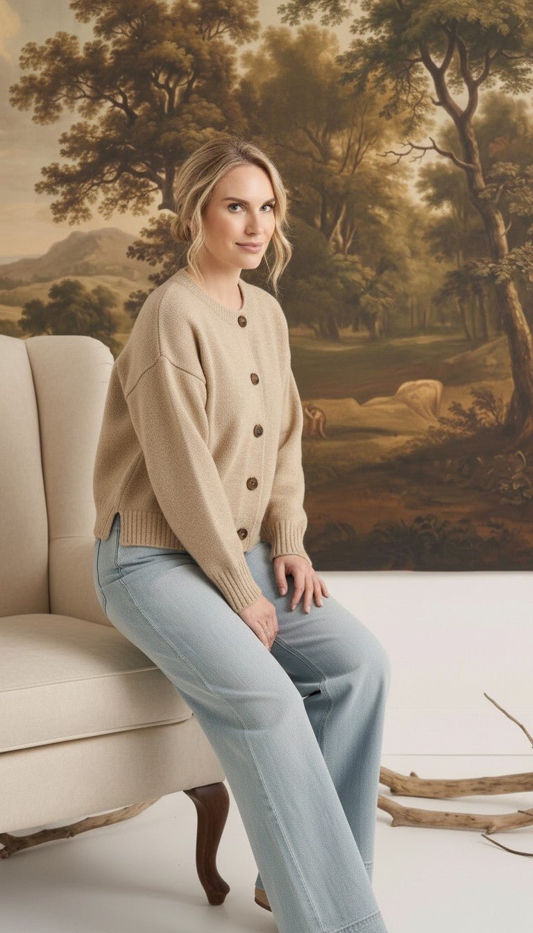 Model wearing a graced mushroom crew neck cardigan with brown buttons, paired with light wash jeans in a studio.