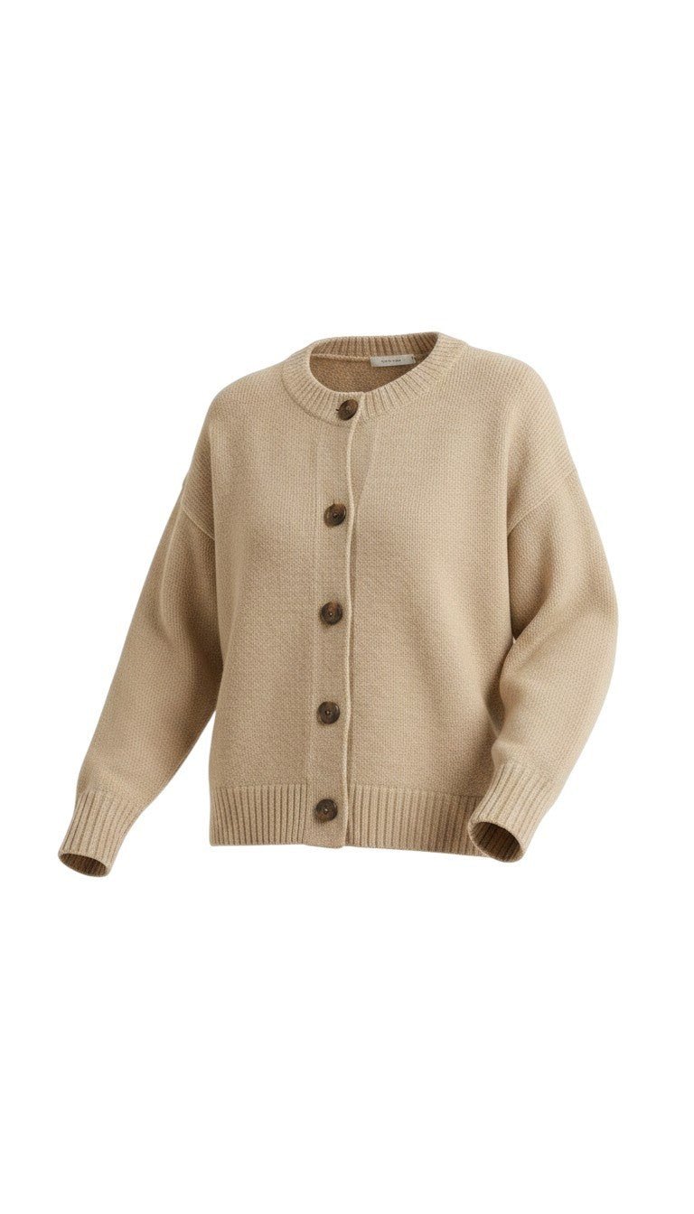 graced mushroom crew neck cardigan with button front closure and ribbed cuffs in a relaxed knit blend
