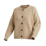 graced mushroom crew neck cardigan with button front closure and ribbed cuffs in a relaxed knit blend