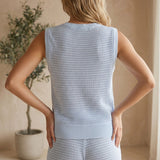 Blue crochet knit tank top from Mono B's Coastal Crochet Knit collection, styled with matching shorts, casual summer outfit.