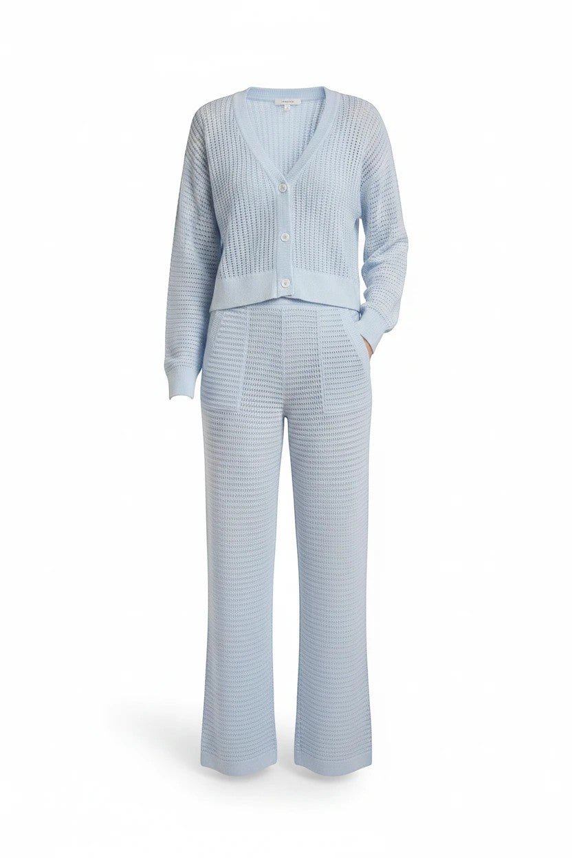 Small Mono B Coastal Crochet Knit Top in halogen blue, a stylish basic casual top with intricate crochet details.
