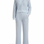 Small Mono B Coastal Crochet Knit Top in halogen blue, a stylish basic casual top with intricate crochet details.