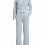Small Mono B Coastal Crochet Knit Top in halogen blue, a stylish basic casual top with intricate crochet details.