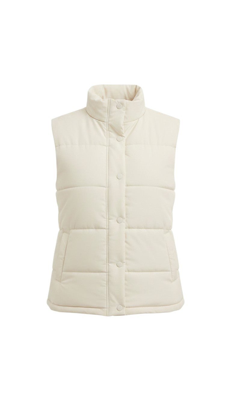 graced cream corduroy puffer vest with a high collar, snap button closure, and quilted design for layering
