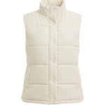 graced cream corduroy puffer vest with a high collar, snap button closure, and quilted design for layering