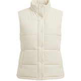 graced cream corduroy puffer vest with a high collar, snap button closure, and quilted design for layering