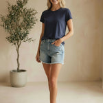 Navy blue Be Cool Cotton Slub Tee, a casual basic top with textured fabric, displayed flat on a neutral background.