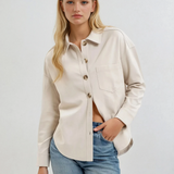 Solid Collared Long Sleeve Shacket Cream