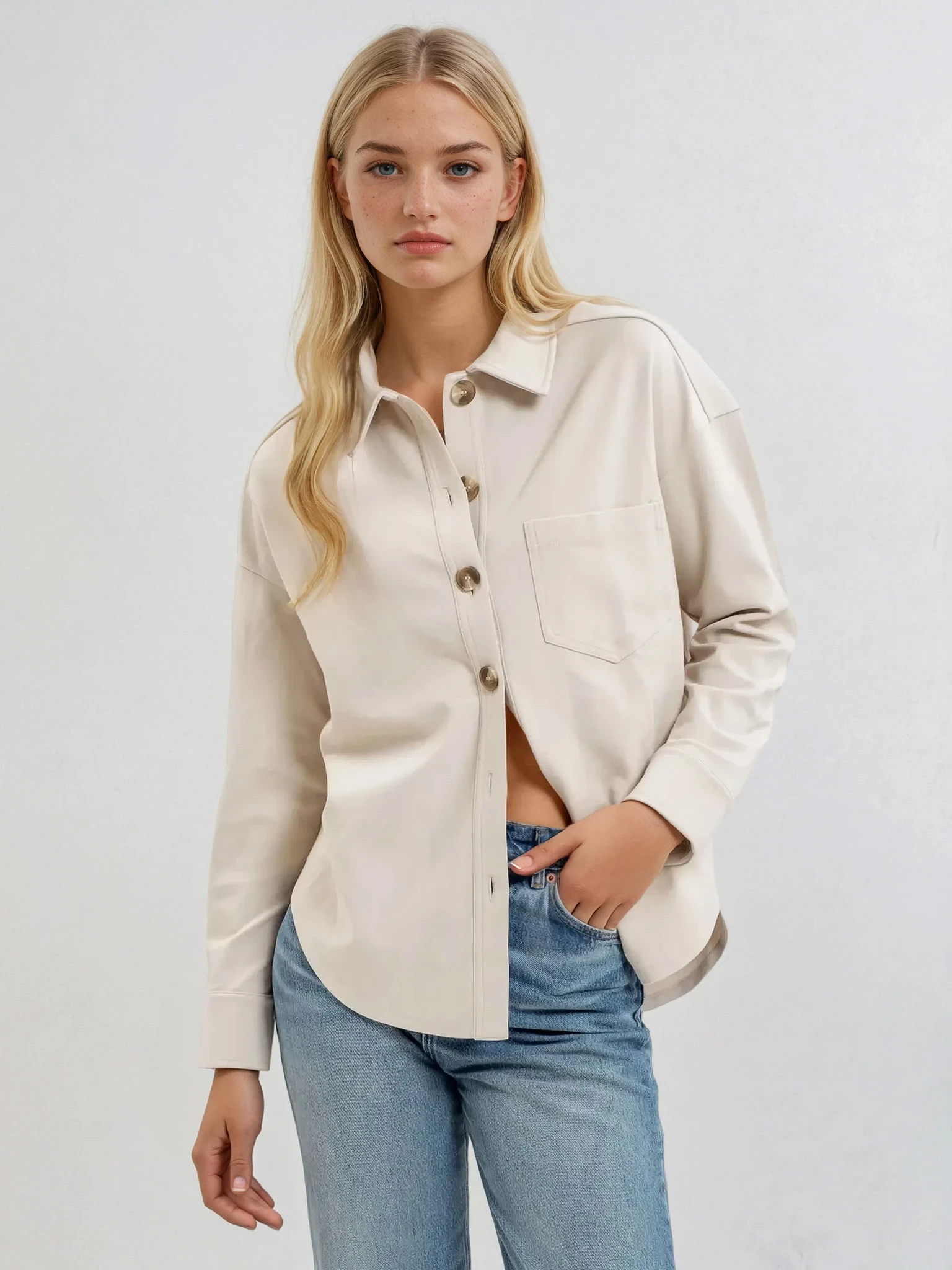 Solid Collared Long Sleeve Shacket Cream