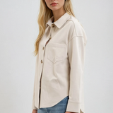 Solid Collared Long Sleeve Shacket Cream